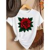 European Sizes Classic Red Rose Graphic Print T-Shirt | Short Sleeve Crew Neck, Casual Top for Summer Spring, Women'S Festival Dress, Fashionable