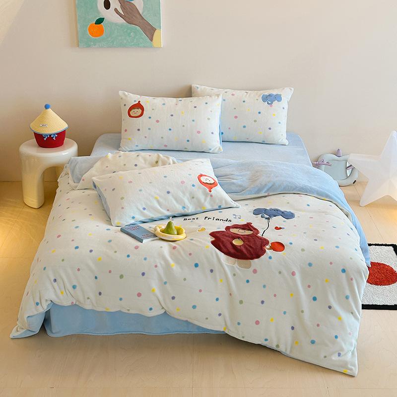 Cartoon Sticker Embroidered Thickened Milk Fleece Four-Piece Set Coral Fleece Thermal Bed Sheet Quilt Cover Student Bedding