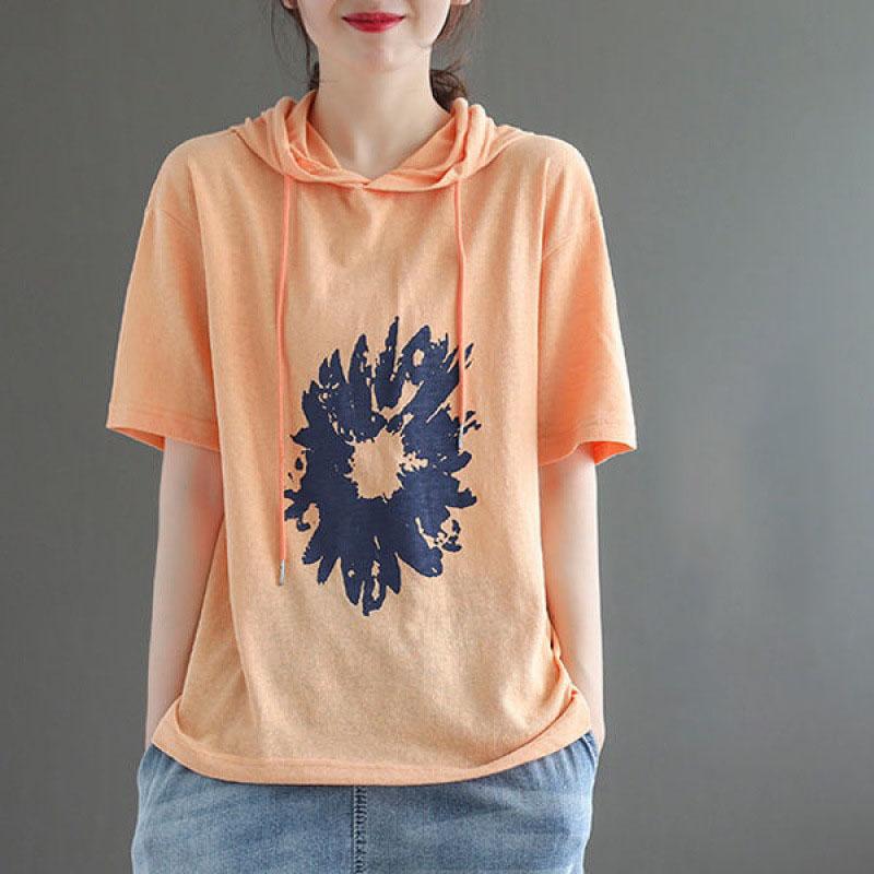 Women Oversize Hooded Sweatshirt Fashion Cotton Printed Short Sleeve Hoodie