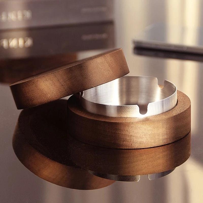 1pc Walnut Wood Ashtrays with Lid Covered Windproof Ashtray Stainless Steel Liner Indoor Outdoor Ash Tray for Home