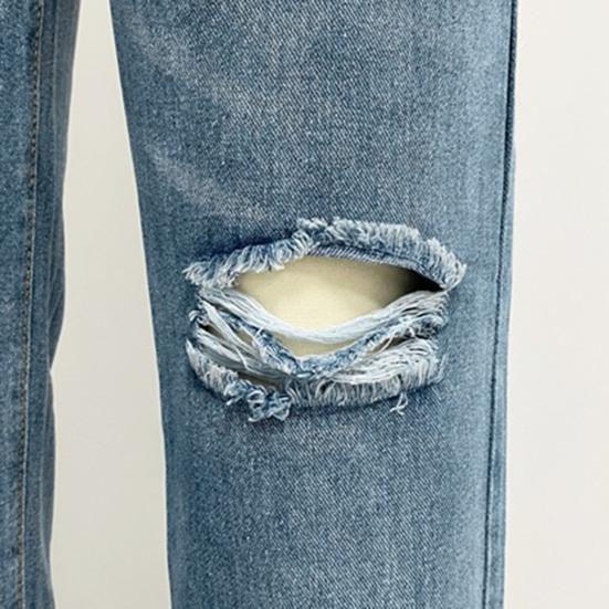 Damen Jeans mit Taschen Hohe Taille Zerrissen Einfarbig Hose in voller Länge