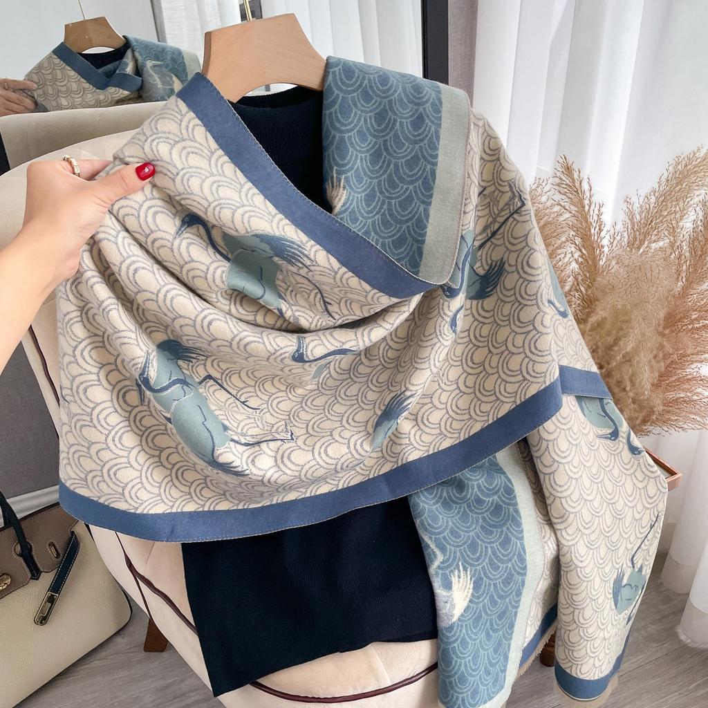 Crane Picture Imitation Cashmere Thickened Scarf Scarf Women'S Extended Printed Fashionable Simple Shawl