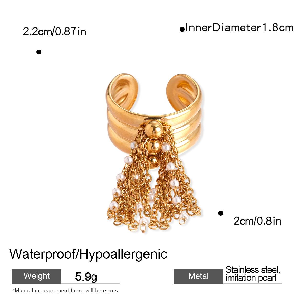 Gold Color Stainless Steel Rings for Women Vintage Imitation Pearl Tassel Chain Opening Rings Luxury Non Fading Jewelry Gifts