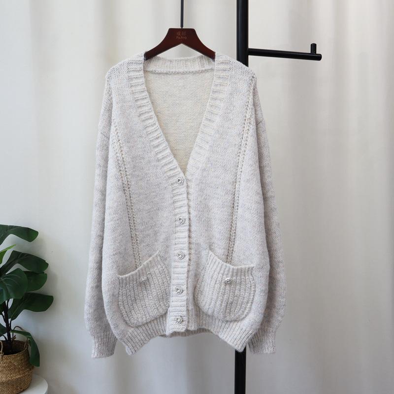 Medium and long V-neck knitted cardigan autumn and winter new loose lazy style temperament sweater jacket women