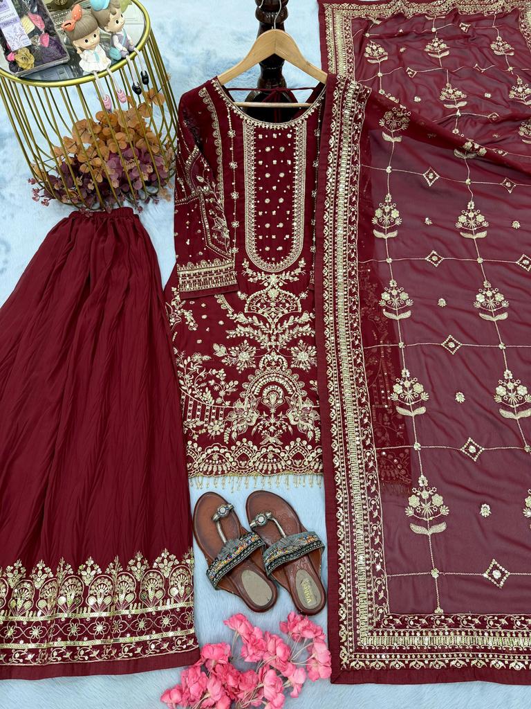 Women Maroon Sharara Salwar Suit Indian Pakistani Designer Salwar Kameez Bollywood Party Wear