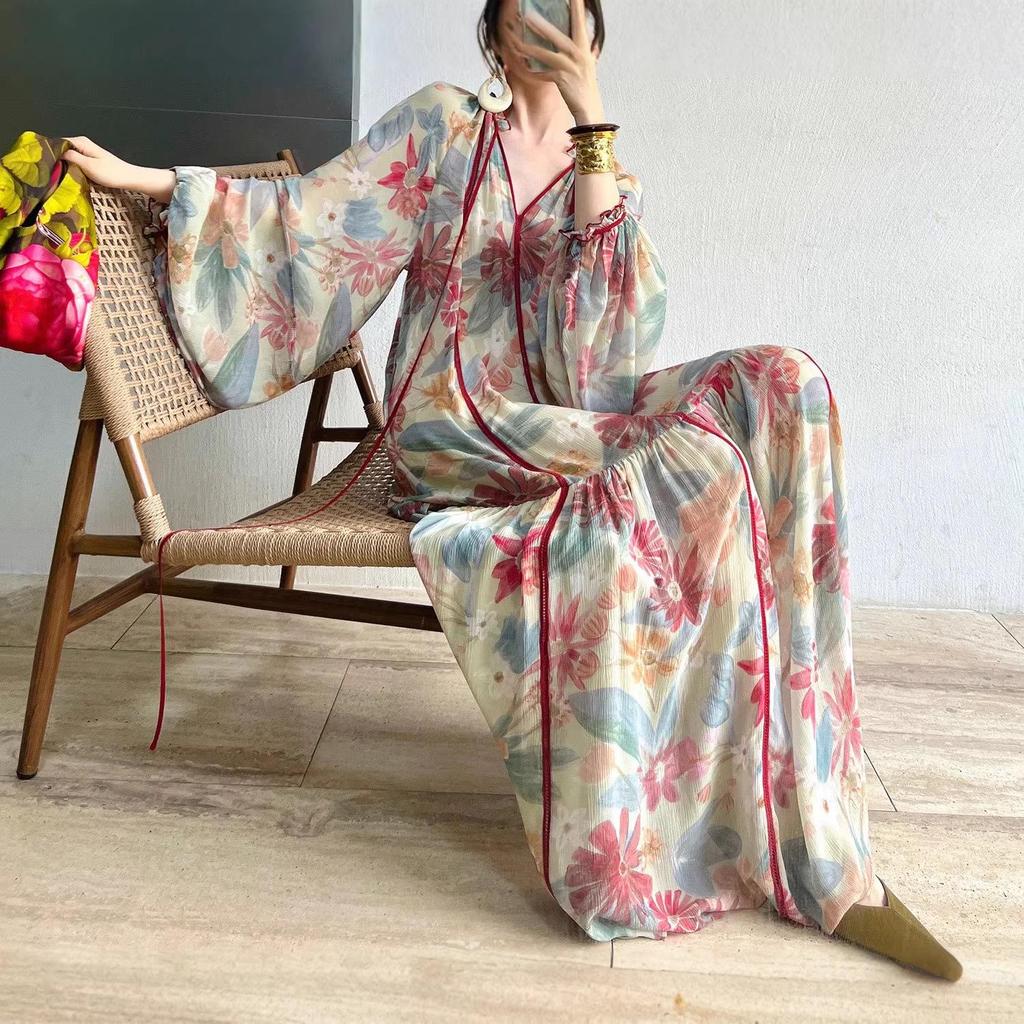 Available: French-Style Floral V-Neck Long Sleeve Dress