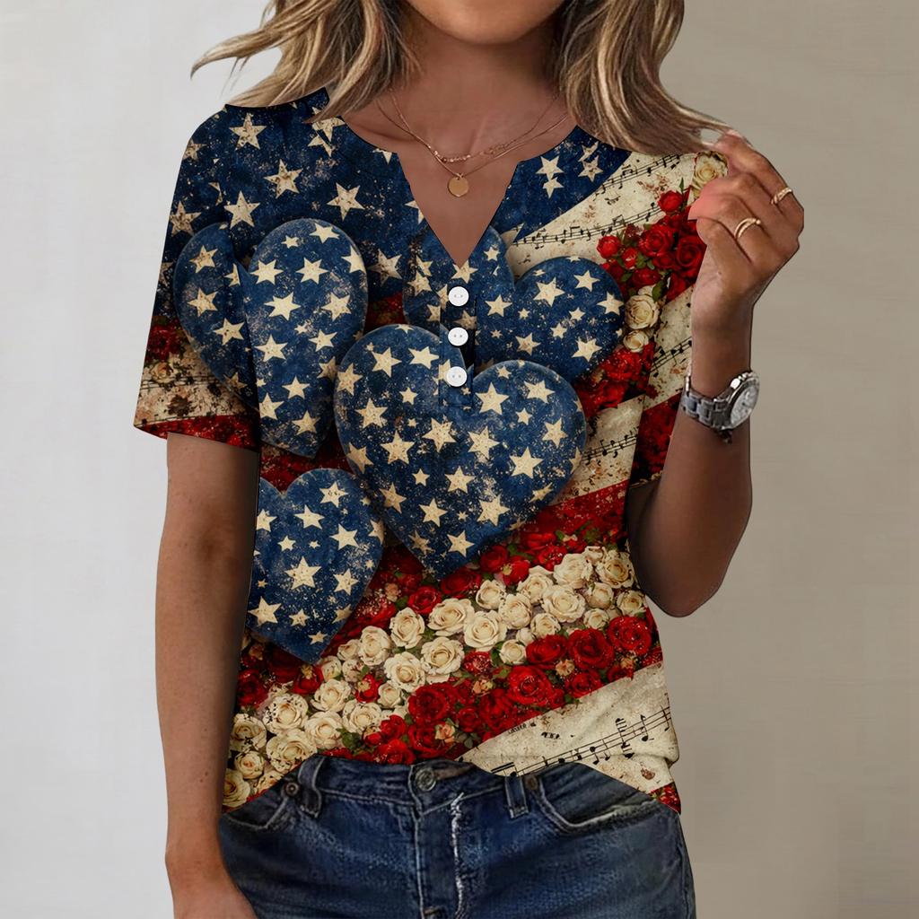 Women's fashionable casual short-sleeved Independence Day print V-neck top