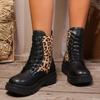 Large size fashion leopard print lace-up platform fashion boots autumn and winter new medium tube versatile European and American style women's boots