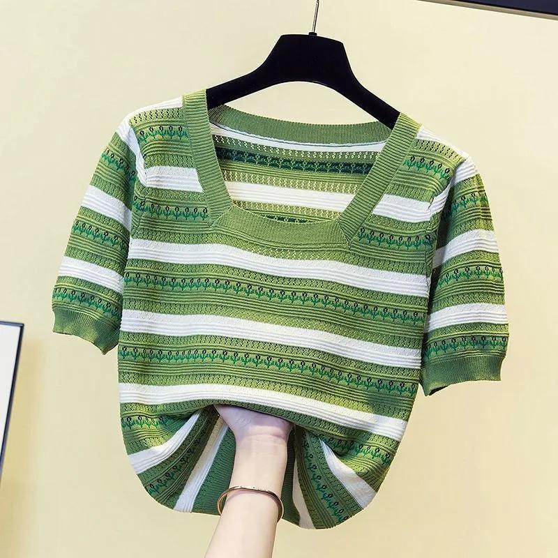 Women's Summer Thin Ice Silk Short-sleeved T-shirt Striped Square Neck Slim Thin Blouse