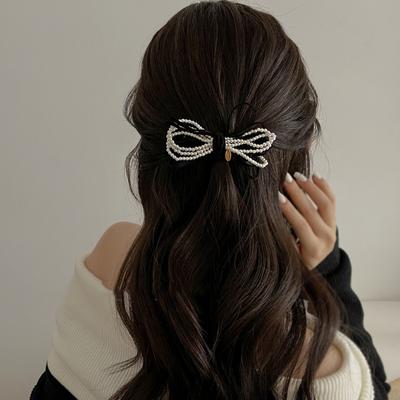 Exquise Barrette à Cheveux Nœud en Velours Perle Française Luxe Léger Haut de Gamme Tempérament de Fée Rétro Accessoires Bijoux Cadeaux