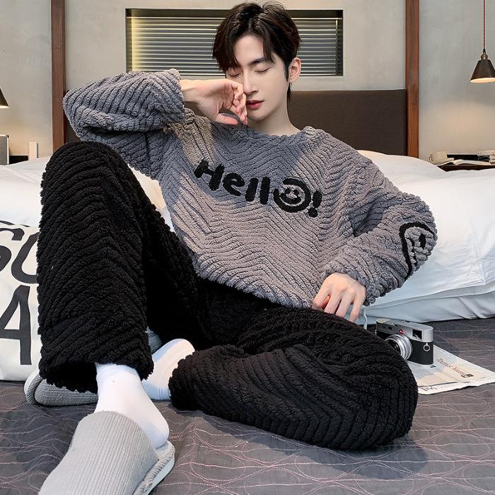 Men's Winter Coral Fleece Pajamas: Outdoor Wearable, Thickened Flannel, One-Piece Home Clothing