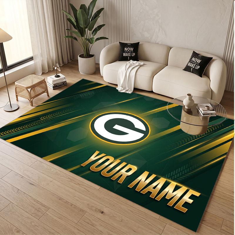 Custom Rug Green Bay Packers Pattern Print Name Text Soft Non‑Slip Floor Carpet for Home Indoor Decoration