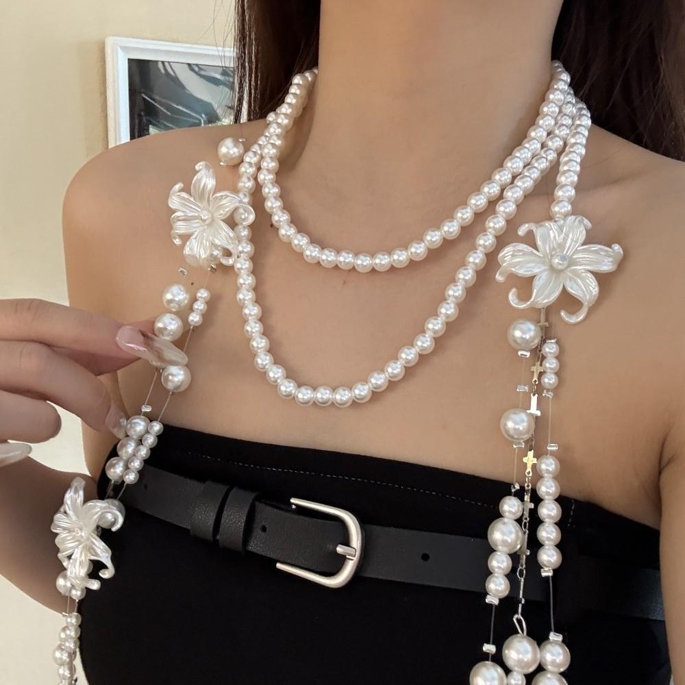 Balletcore Style Lilium Flower Pearl Necklace Faux Pearl Stacked Flower Choker Sweet Girls