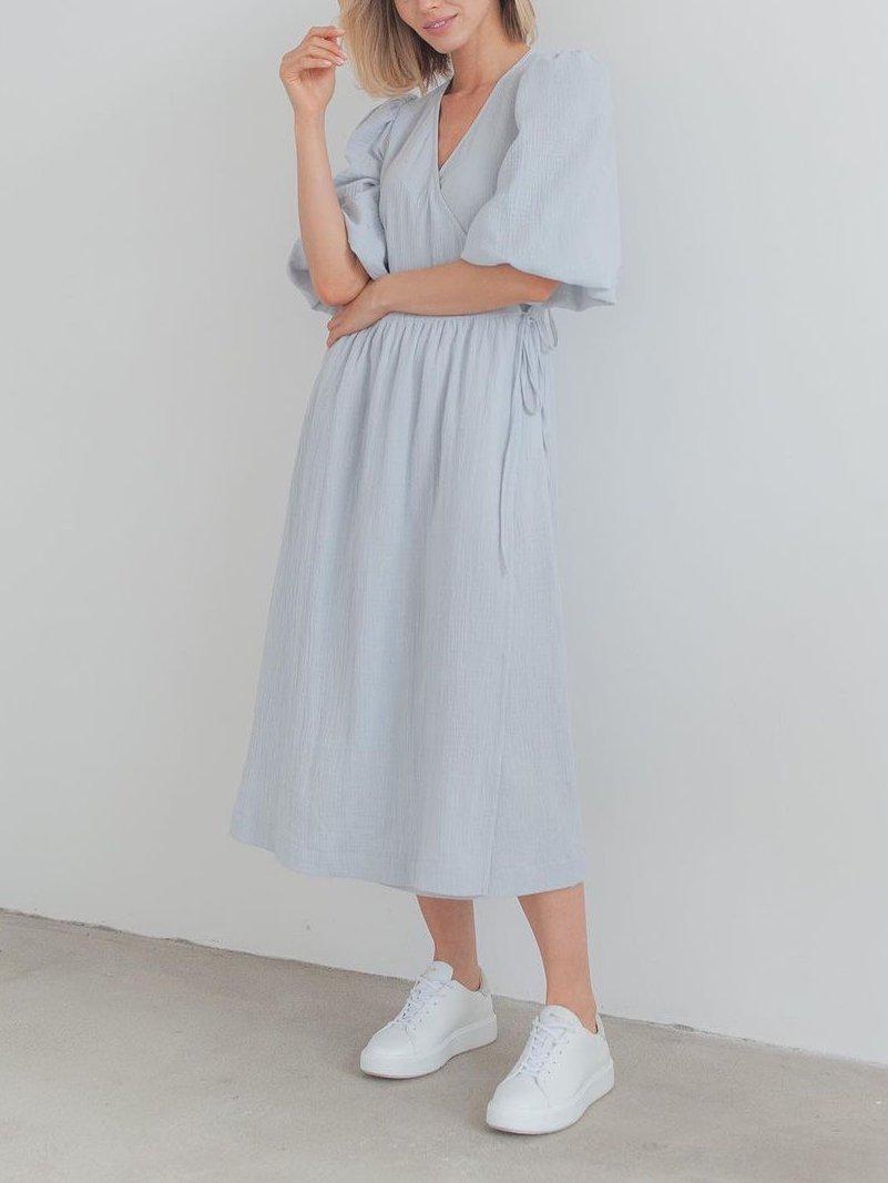 

V-Neck Puff Sleeve Solid Color Long Dress – French Style Women s Fashion L