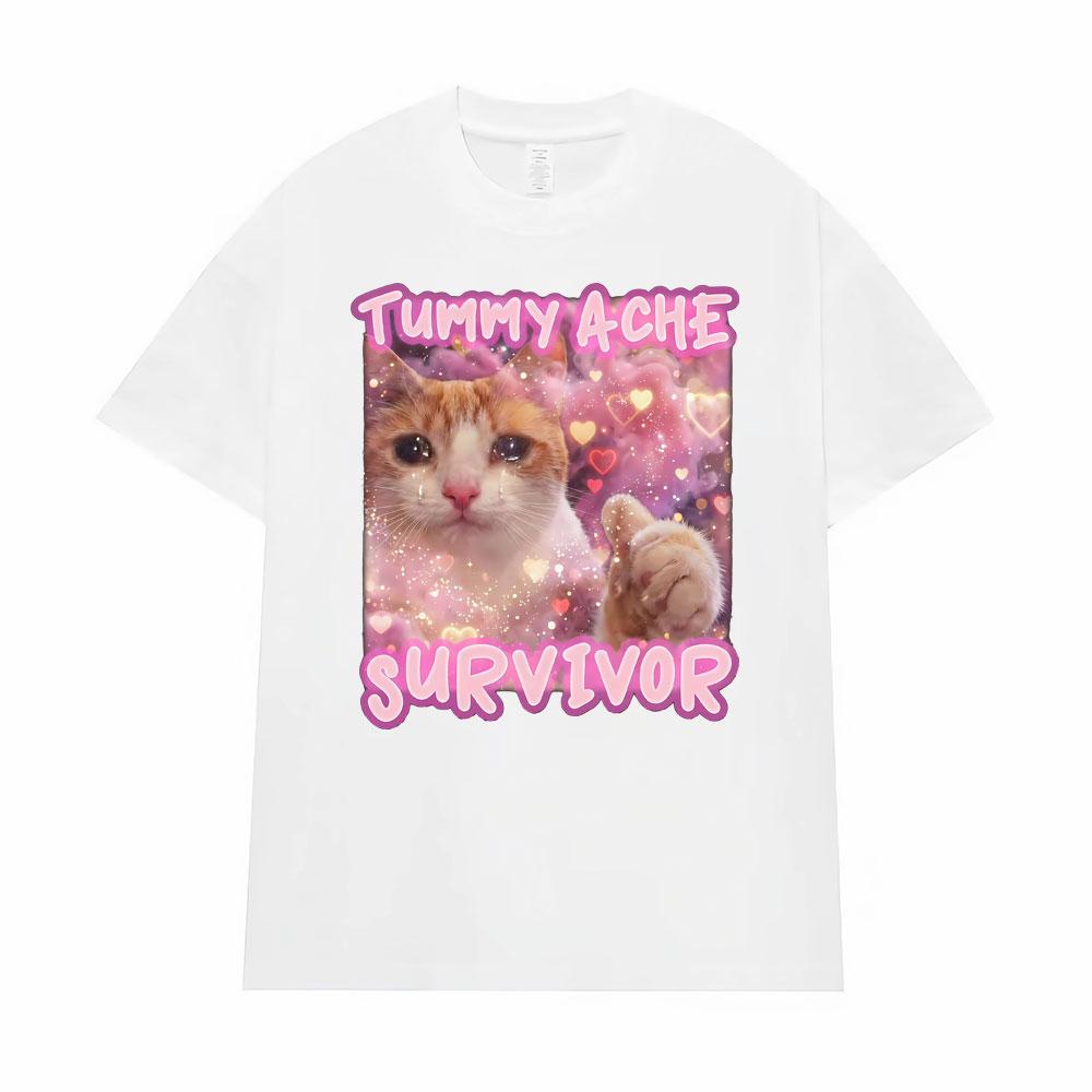 Tummy Ache Survivor Funny Cat Meme Graphic T Shirts for Unisex Women Fashion Retro Cartoon Humor T Shirt Streetwear Tshirts