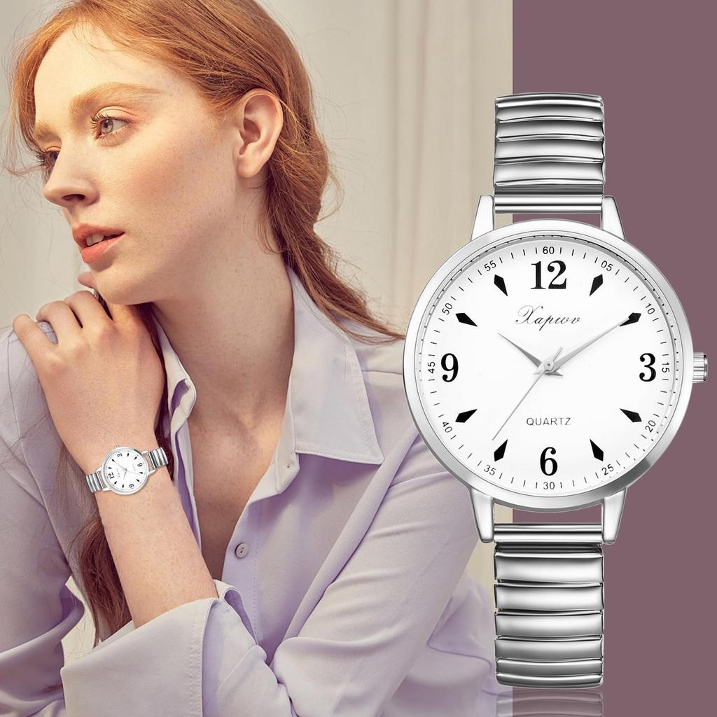 Women's Waterproof and Rainproof Wristwatch with a Round Dial, Large White Dial, Silver Case, and Silver Strap. This Stainless Steel Watch Makes a