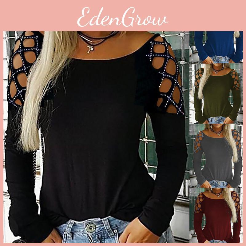 Cotton Long Sleeve T Shirt With Cutout Pattern And Sparkling Details For Women