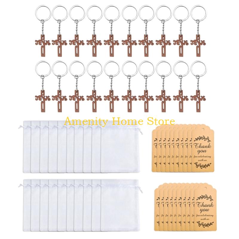 F26C Handcrafted Wooden Crucifix Keychain for Baptism Parties and Religious Gifts CN