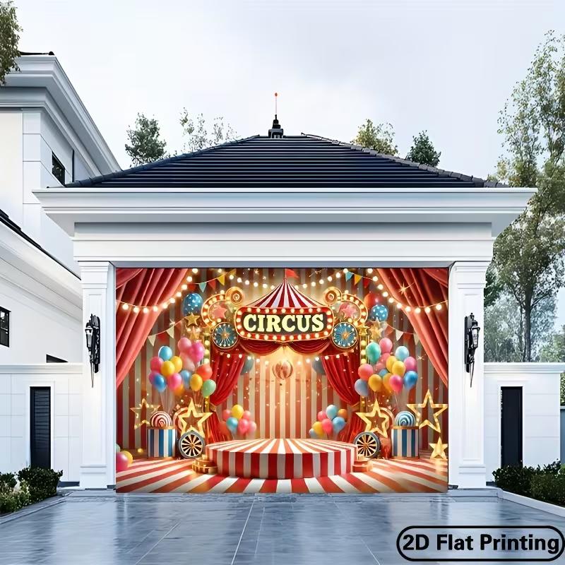 2D Circus Stage Background, Red Striped Tent with Platform & Balloons Themed Backdrop