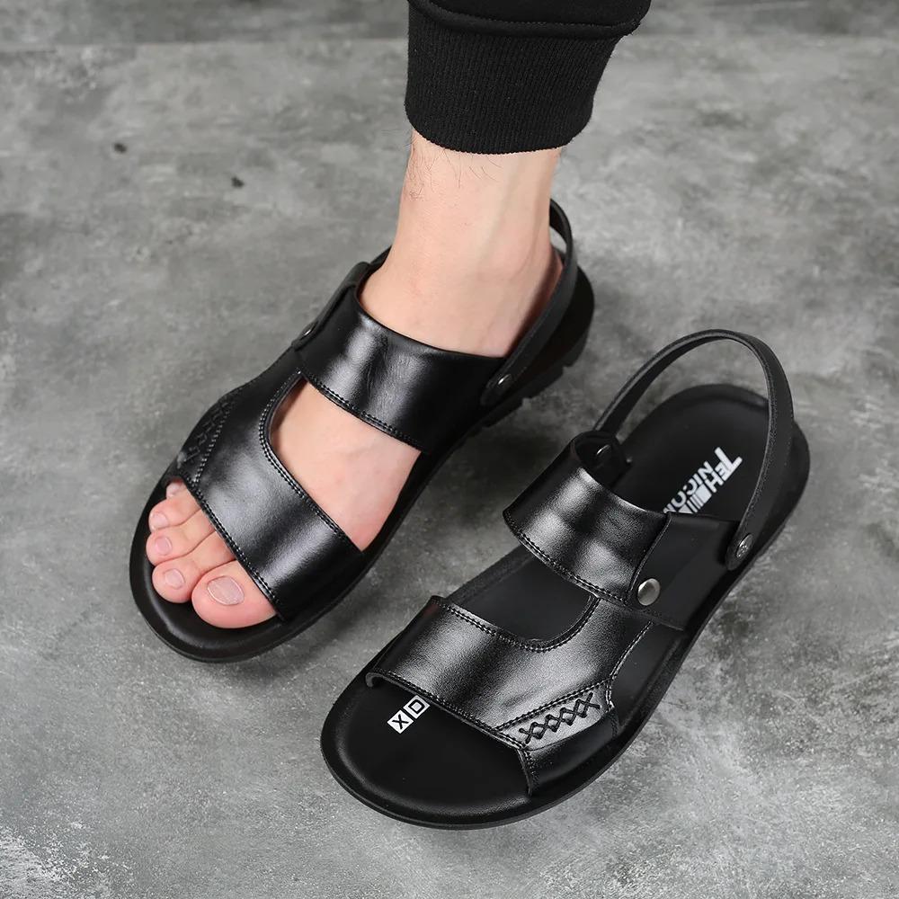 

Модные ретро сандалии для шитья, шлепанцы, нескользящие туфли из натуральной коровьей кожи для мужчин, удобные, повседневные, летние, модные, в британском стиле 43 чёрный