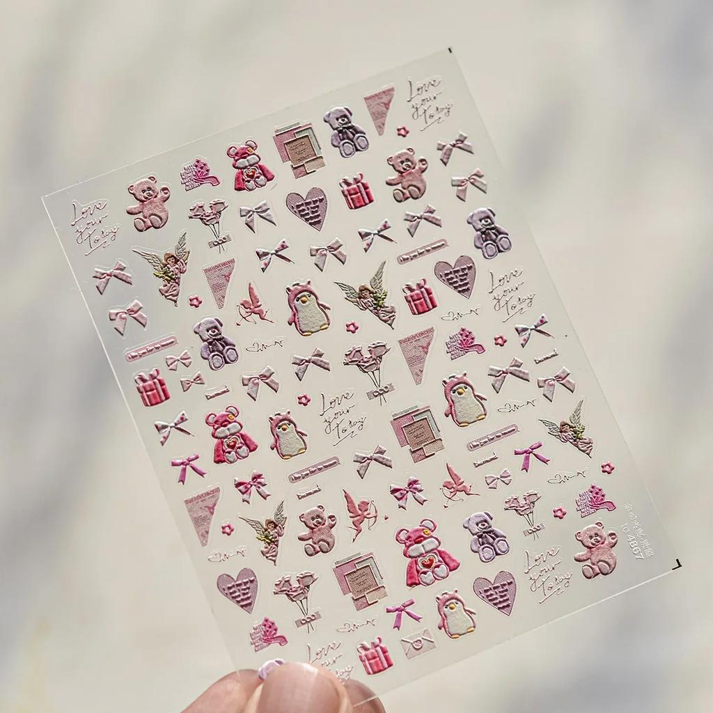 5D Pudding Jelly Dessert Fruit Cherry Pink Claw Print Bowknot Tie Knot Love Heart Stars Nail Art Sticker Adhesive Manicure Decal