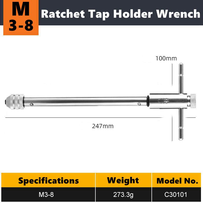 M3-8 M5-12 Verstellbarer T-Griff Ratsche Handgewindebohrerhalter Schraubenschlüssel Verlängertes Gewindeschneiden Vorwärts und Rückwärts Handgewindeschneiden Zubehör Werkzeug
