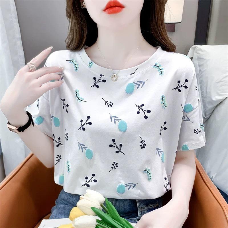 Women Summer Short Sleeve O Neck Gradient Color Letter Printed Fashion Cotton T Shirt Top