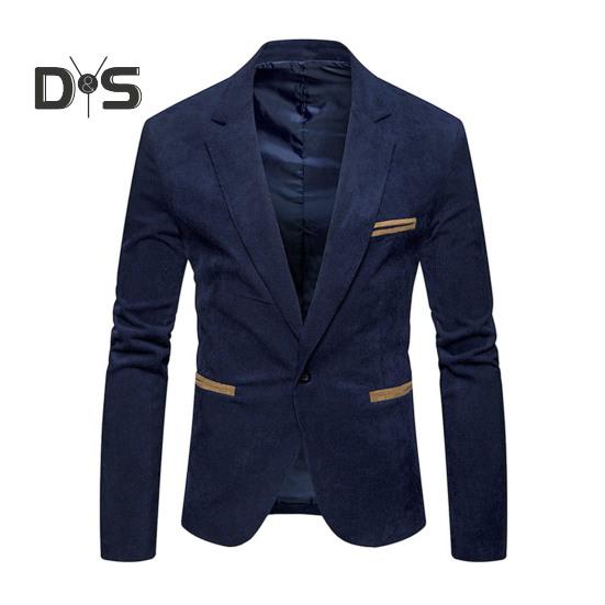 Men Corduroy Suit Coat Lapel Long Sleeve Patchwork Color Suit Jacket with Pockets Single Button Business Outwear Workwear