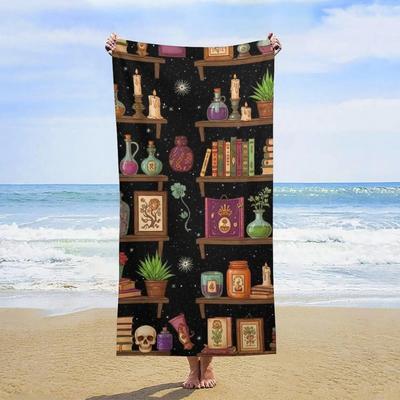 Halloween Witches Bookshelf Beach Towel, Skulls Black Cat Sand Free Quick Dry Bath Towel, Large Absorbent Travel Blanket