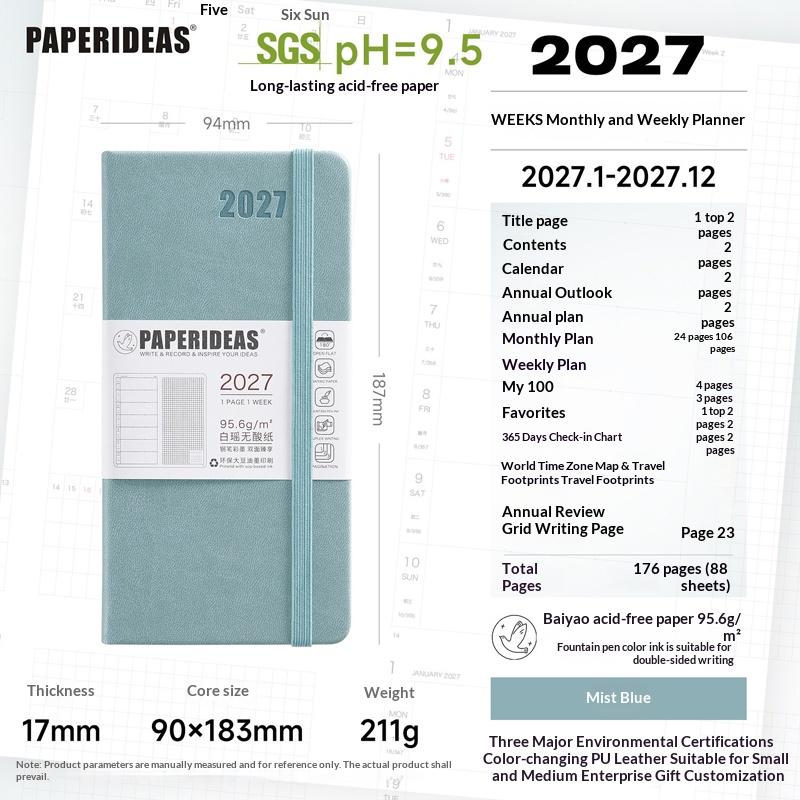 Paperideas Slim 2027 Weekly Planner Notebook PU Hardcover Weeks Journal Acid‑Free Paper Time Organizer Schedule Hand Book