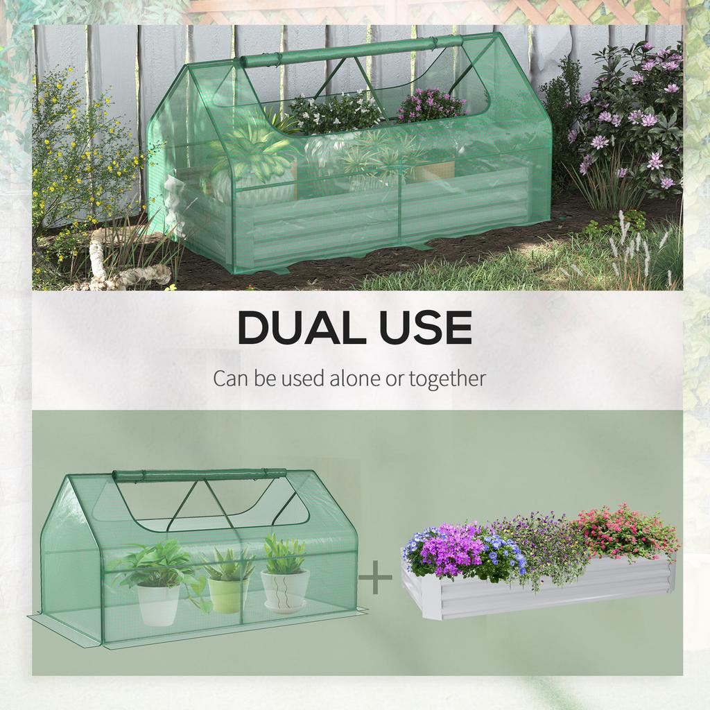 Raised Garden Bed with Greenhouse, Steel Planter Box with Plastic Cover, Roll Up Window, Dual Use for Flowers, Vegetables, Fruits and Herbs