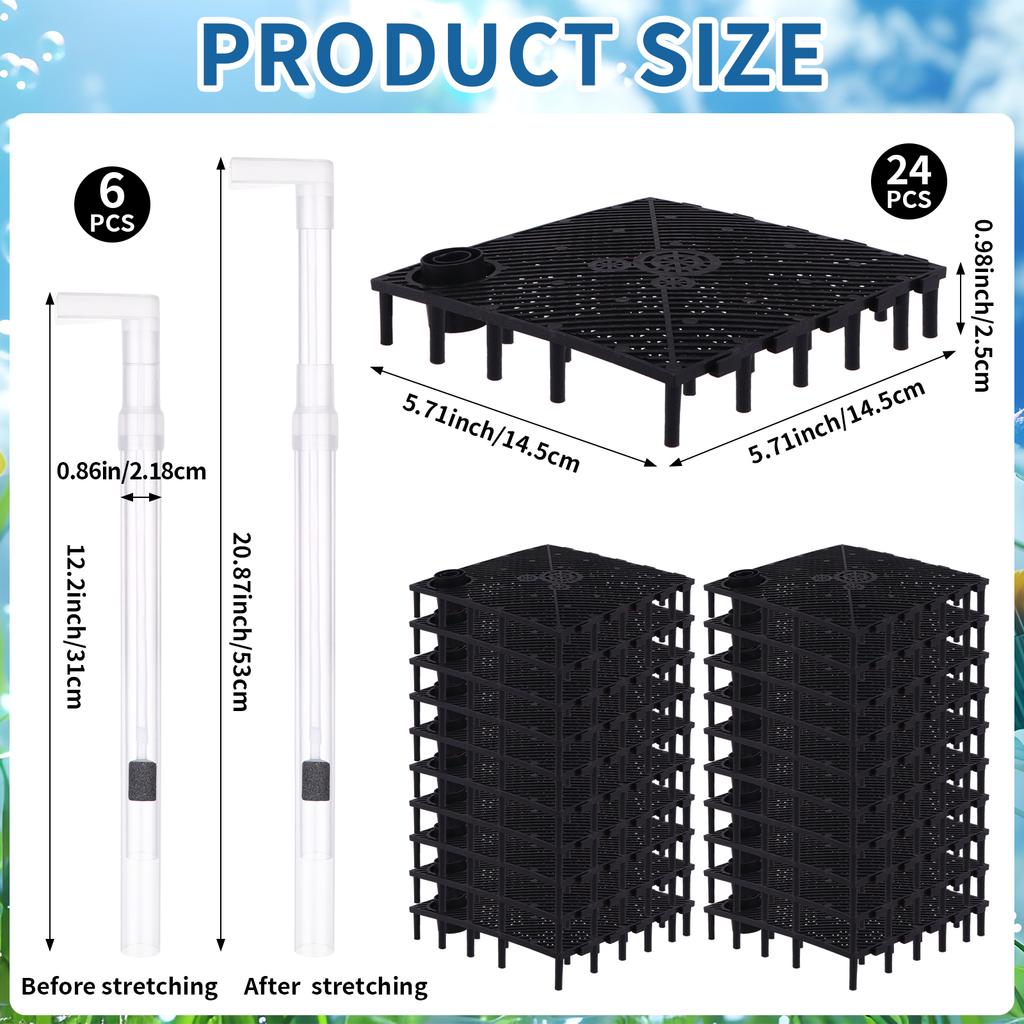 24ks Podštěrbinový filtr Akvarijní přepážka Nádrž (5,7'' x 5,7'') Systém pod štěrkem pro čistou vodu s 8 zvedacími trubicemi pro ryby T