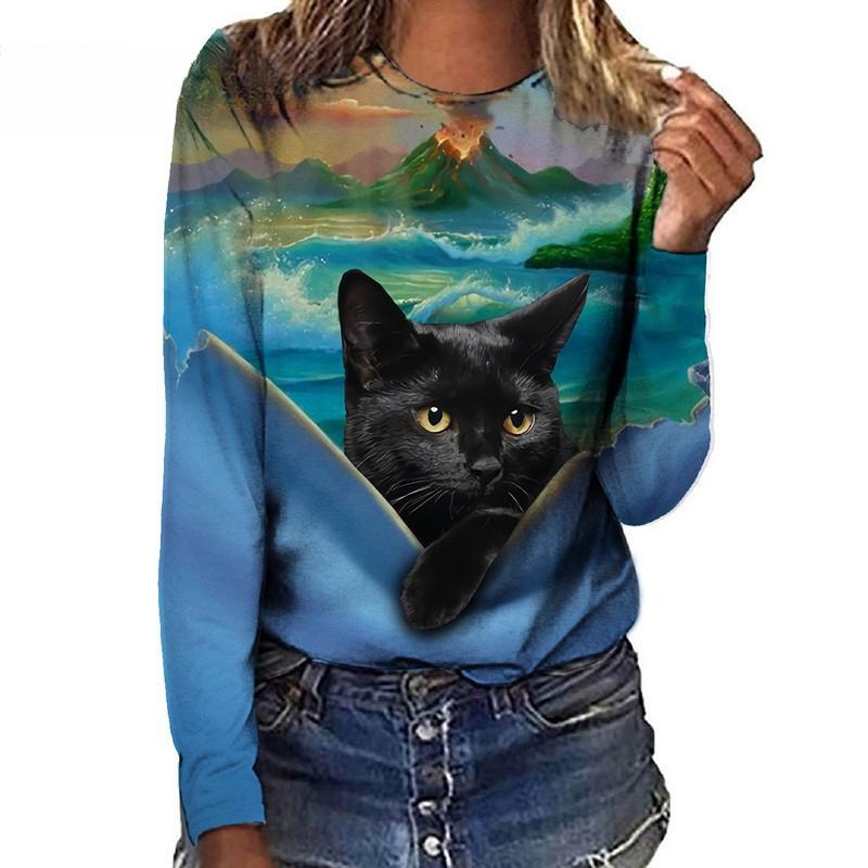 Women's Long Sleeved T-shirt Cat Case Digital 3D Printing Women's Street Sports T-shirt Top Cat T-Shirts