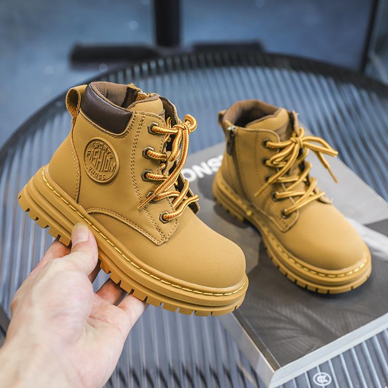 Retro Autumn and Winter New Children's Short Boots Korean Casual Cowhide Boys Small Yellow Shoes Medium Tube Girls Single Boots
