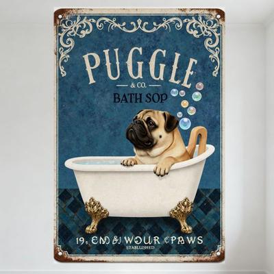 Vintage Puggle & Co. Pug Dog In Bathtub Metal Sign - Dark Blue Gradient Background Rustic Bathroom Decor with Scrollwork, Establ
