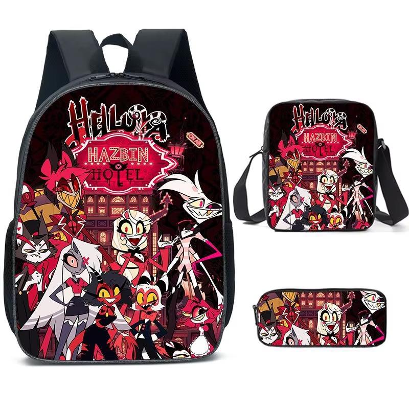Hazbin Hotel Anime Ensemble de 3 pièces Sac à dos Étudiant Sac d'école à bandoulière Enfants Mignon Sac à dos de voyage Cadeau d'anniversaire pour enfants
