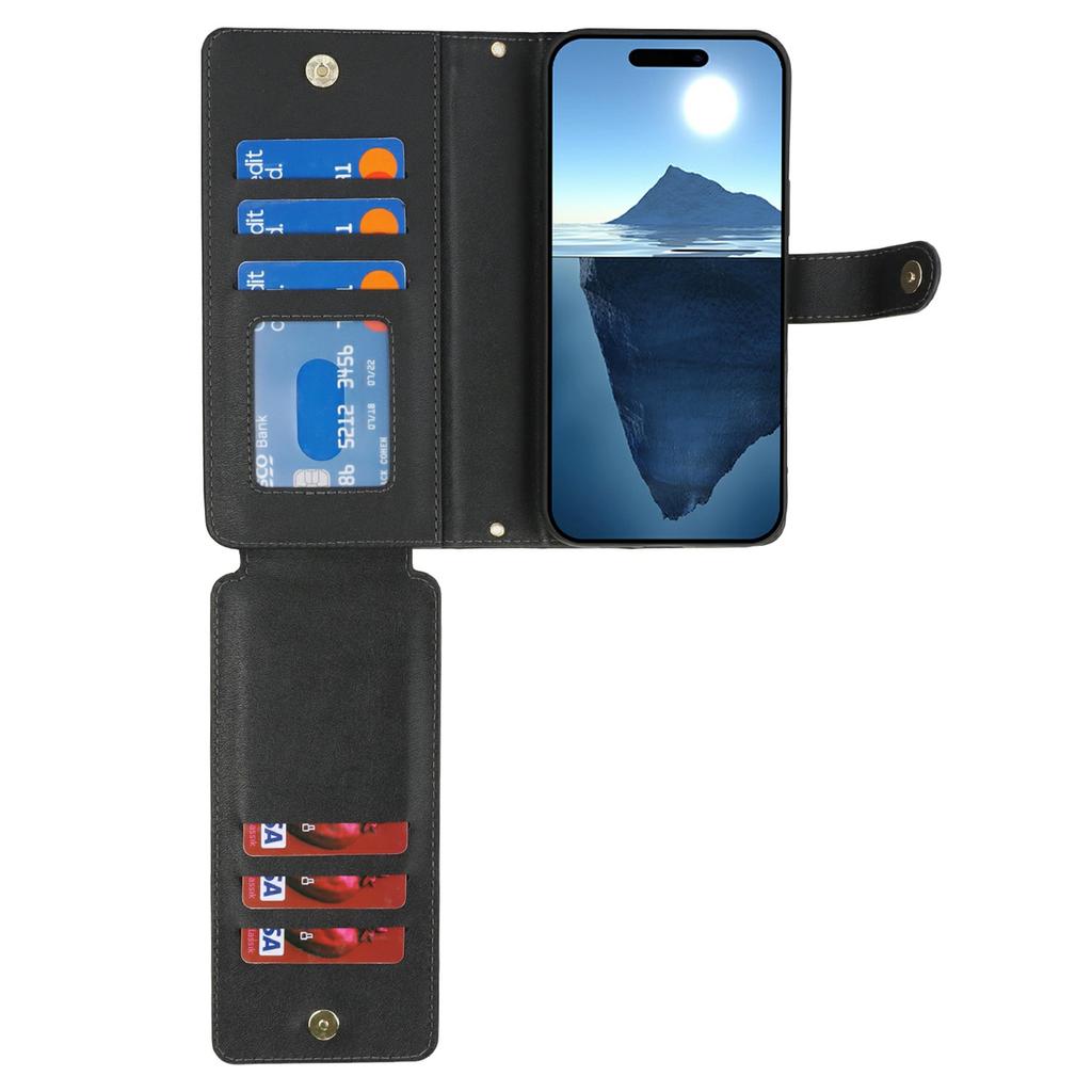 For iPhone 16 Stand Case PU Leather Phone Cover with Straps/Zipper Wallet/Multiple Card Slots