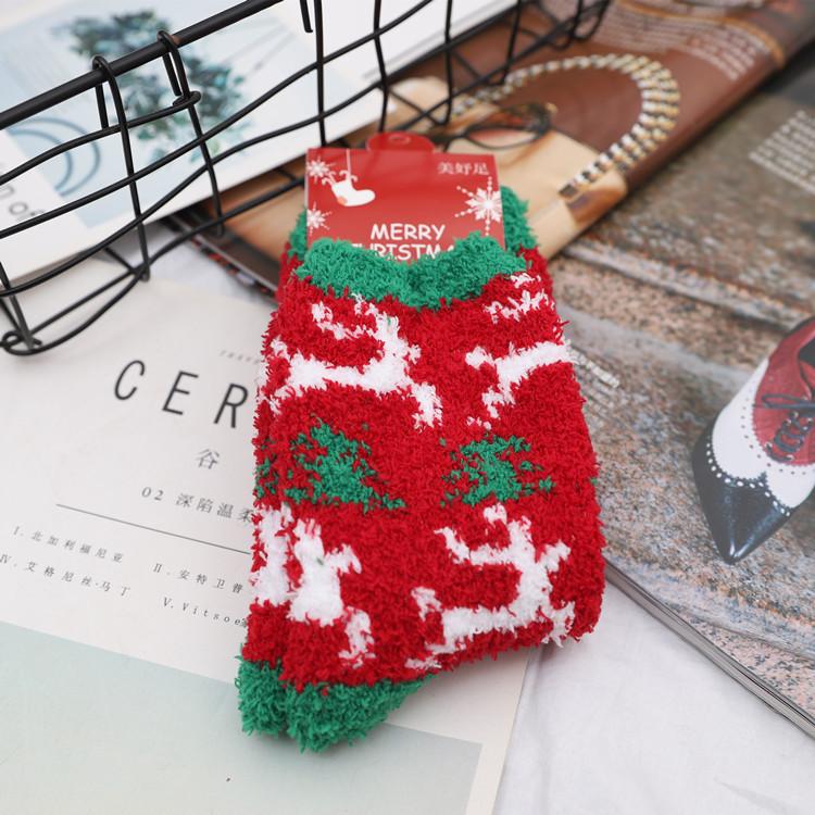 Autumn And Winter Coral Fleece Christmas Women'S Socks Home Heating Floor Socks Chinese New Year Festive Big Red Socks Female Cartoon Elk Socks