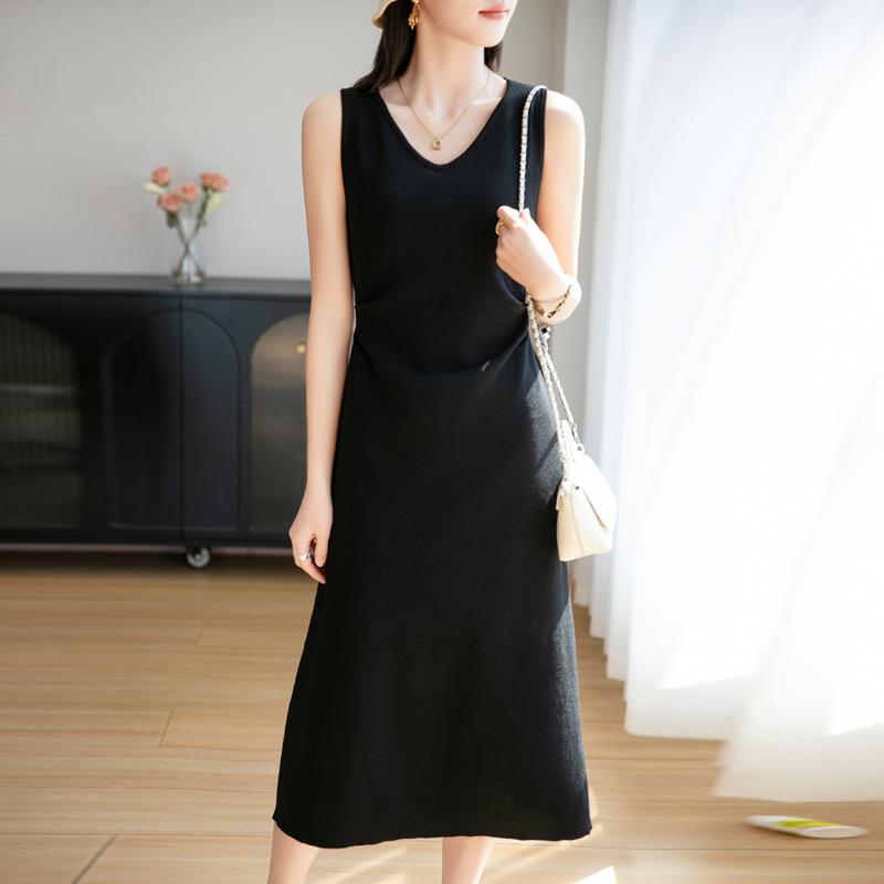 

Летний Новый Стиль Имитация Шелка Сатин Свитер Платье на Бретелях для Женщин Бусины Ледяной Шелк Жилет Длинная Юбка Свободный Средней Длины L