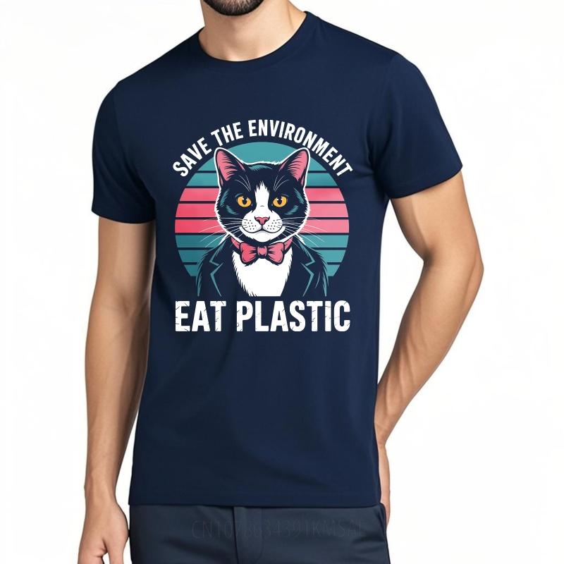 New Arrived Unisex Crew Neck Tshirt Black Save The EnvironUnisext Eat Plastic Cat Everyday For Unisex Tee Shirt Male Summer Teeshirt