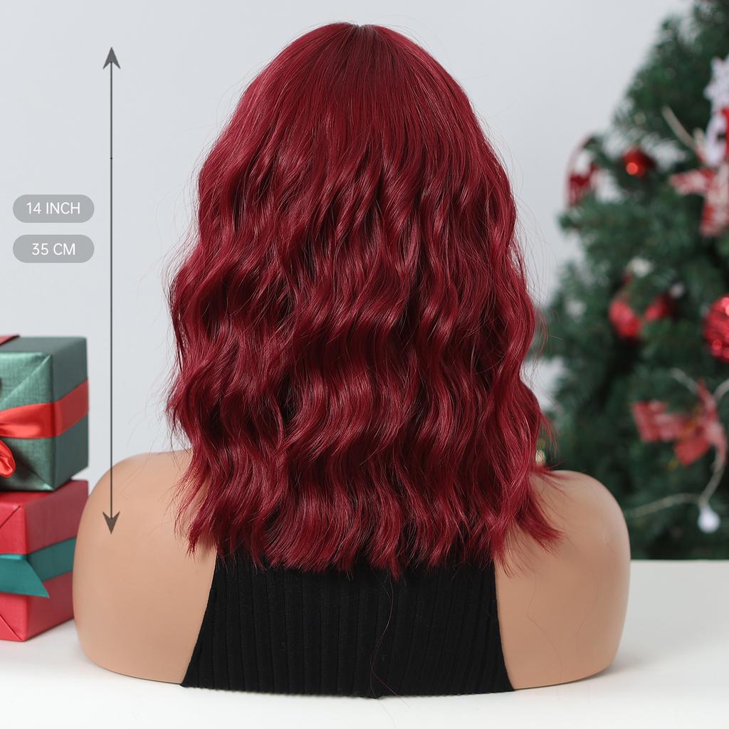 Short Wavy Wine Red Synthetic Wigs for Women Curly Lolita Wigs With Bangs Shoulder Length Wigs Natural Looking Daily Cosplay