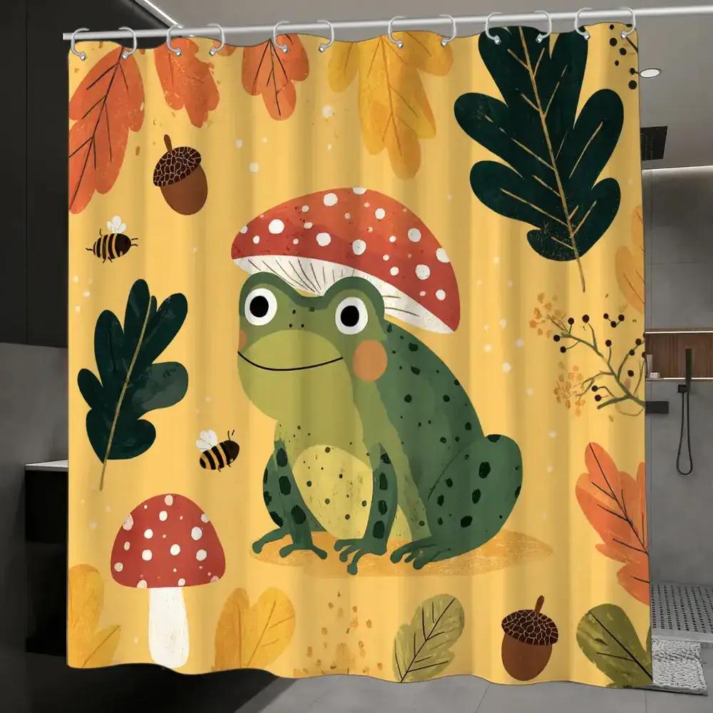 

Whimsical Forest Frog Shower Curtain – Autumn Leaves, Mushrooms & Bees, 12 Hooks, 70.87×70.87 Waterproof Bath Decor W60H190(CM)-1 Pcs