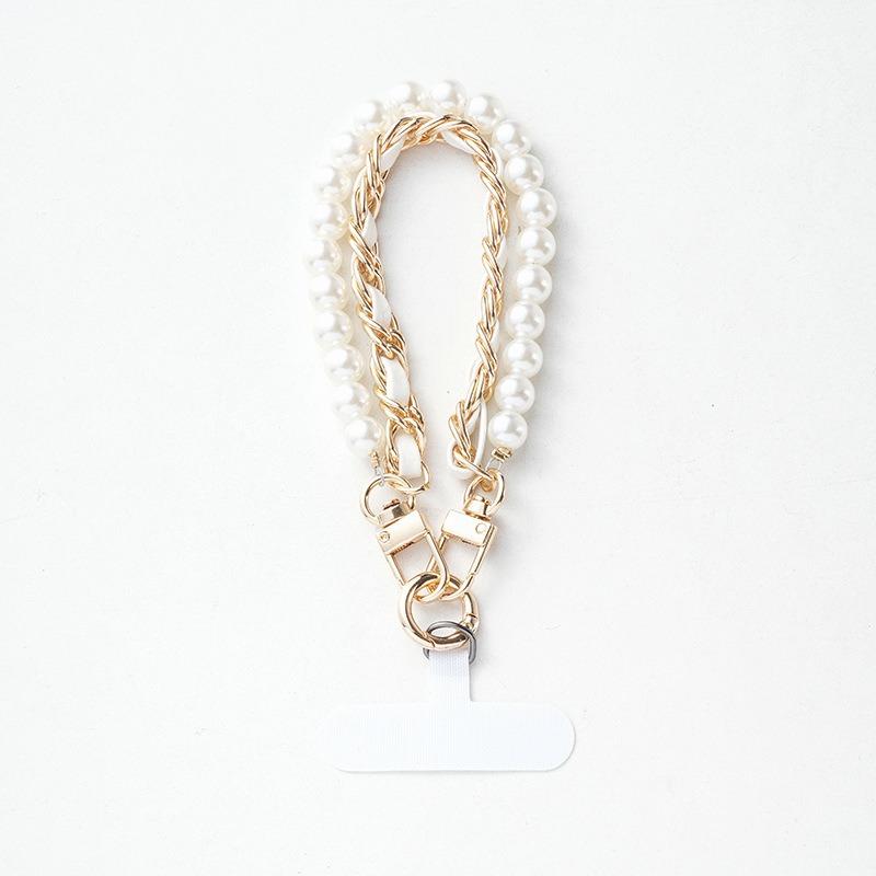 Women Short Wrist Pearl Chain Phone Lanyard Metal Buckle