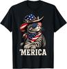 Merica Cat Patriotic USA Flag Cowboy Hat Funny 4th of July T-Shirt