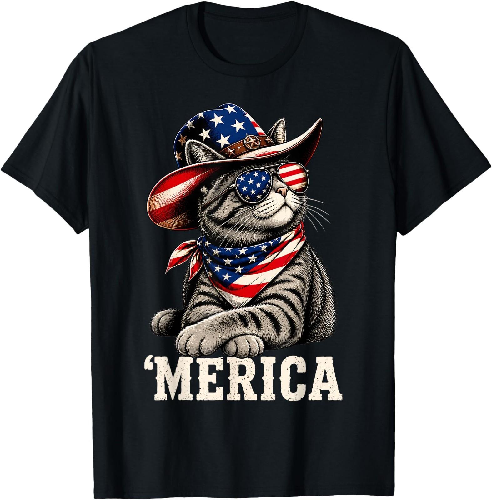 Merica Cat Patriotic USA Flag Cowboy Hat Funny 4th of July T-Shirt S