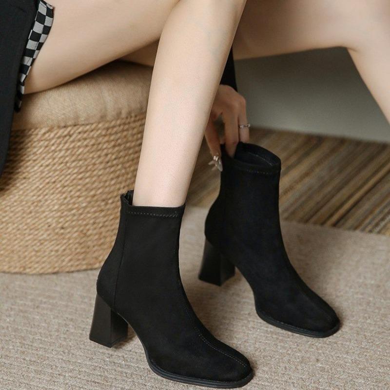 Nude Spring and Autumn Fleece Coarse Heel Fried Street Small Short Boots Women's Elastic Skinny Boots Suede Martin Boots High Heels