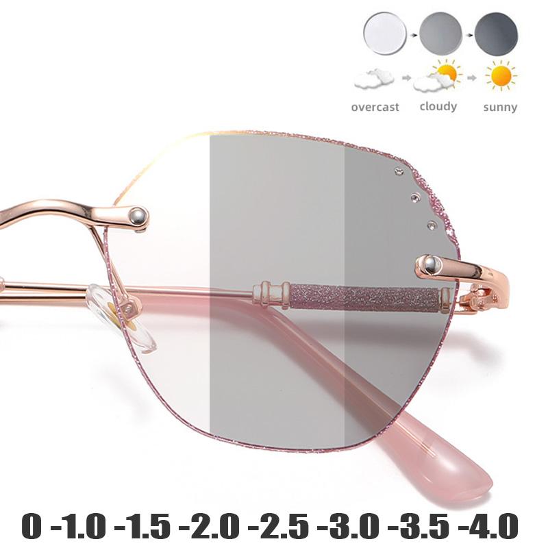 Oversize Rimless Pochromic Myopia Glasses for Women  Twinkling Anti-blue Light Near Sighted Eyewear UV Goggle Shades 0 to-4.0