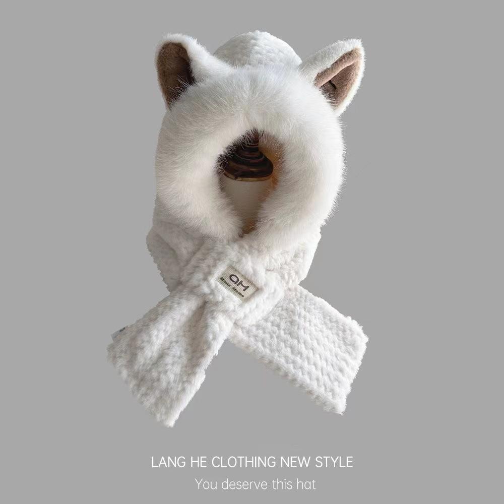 Autumn and Winter Cycling Warm and Versatile Ear Protection Cute Furry Fox Ear Hat Looks Small Two-piece Lei Feng Hat Set