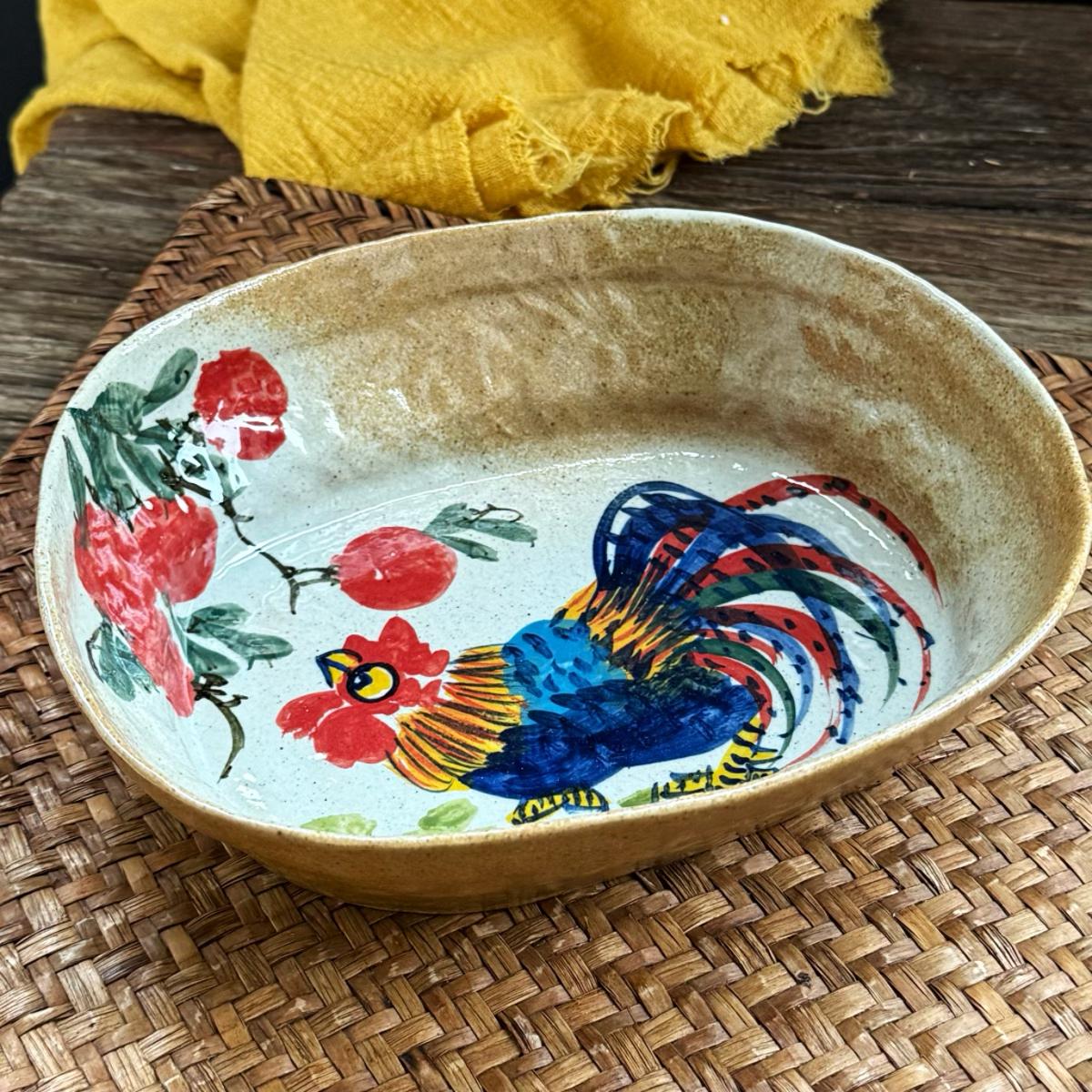 Handmade Coarse Pottery Irregular Rectangular Plate with Hand-Painted Pumpkin Pattern