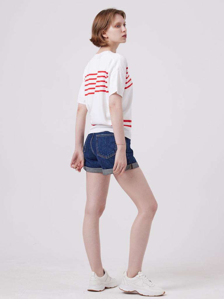 AYIHOLIC CASHMERE Marine Stripe V-Neck Pullover